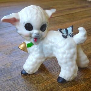 VTG Cute Ceramic Lamb & Blue Butterfly Figurine Spring Country Cottagecore Decor